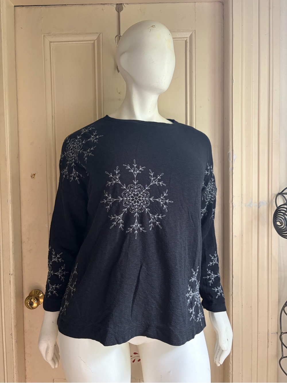 J. Jill Black Crewneck Sweater with White Snowflake Motifs